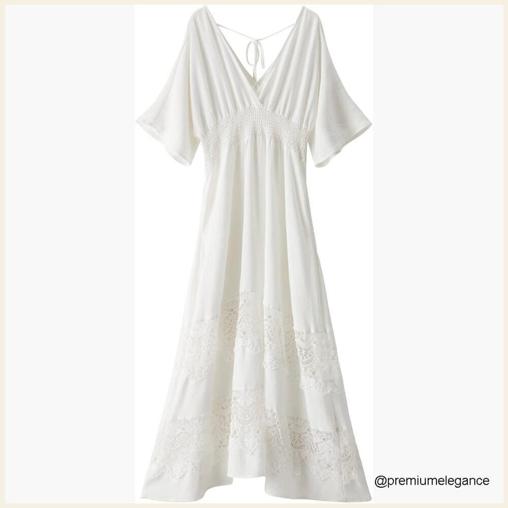 Lace Maxi Dress with V-Neck Smocked Waist Short Sleeve Boho Party Dress